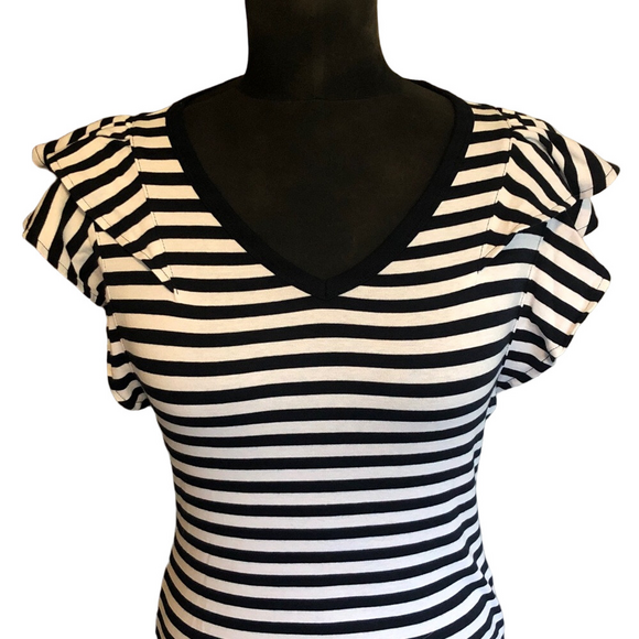 Tommy Hilfiger Striped Navy and White Ruffle Sleeve Short Sleeve Top, Size M - Picture 4 of 8